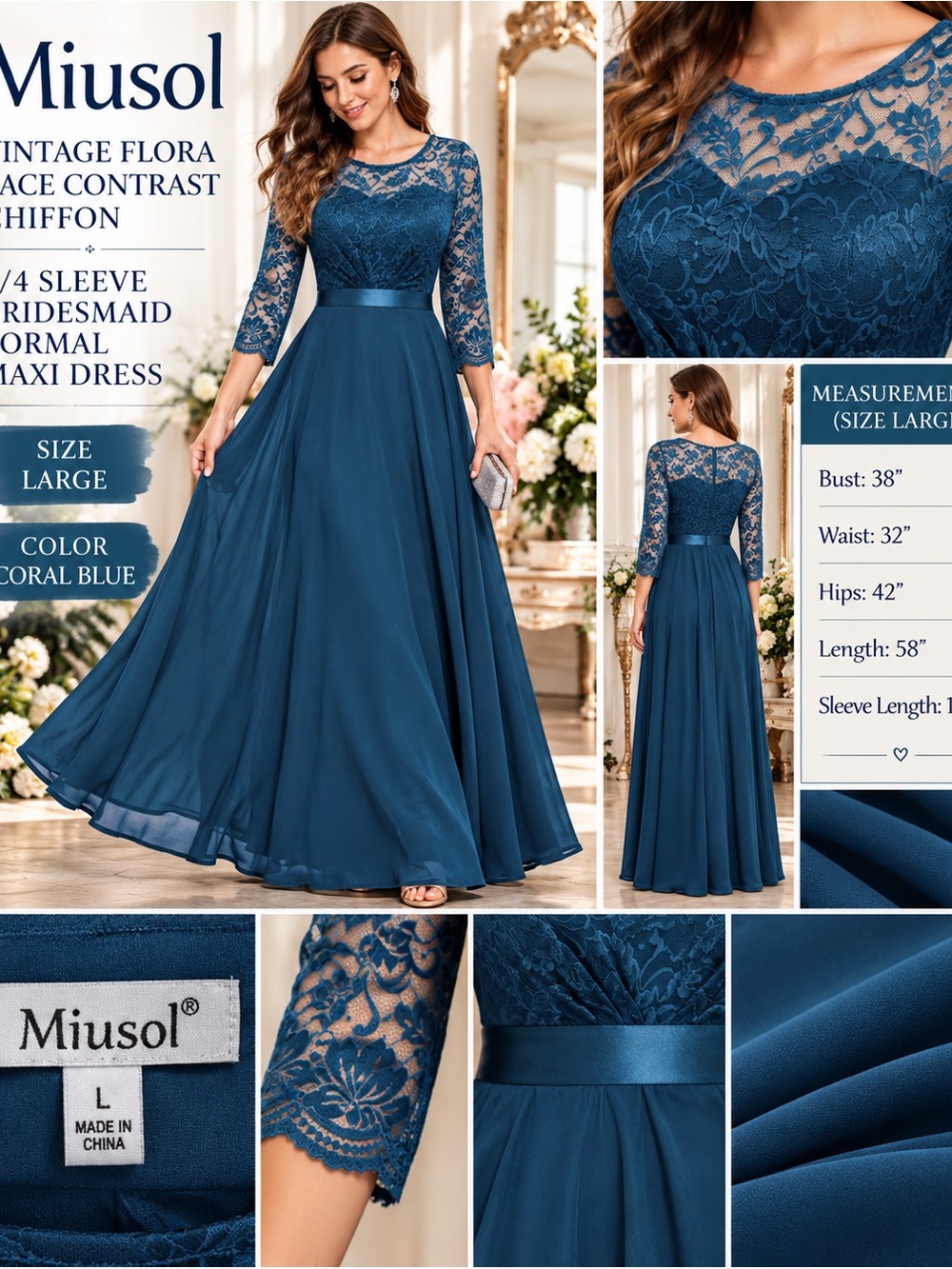 Miusol Coral Blue Lace Chiffon Maxi Dress with Satin Waistband